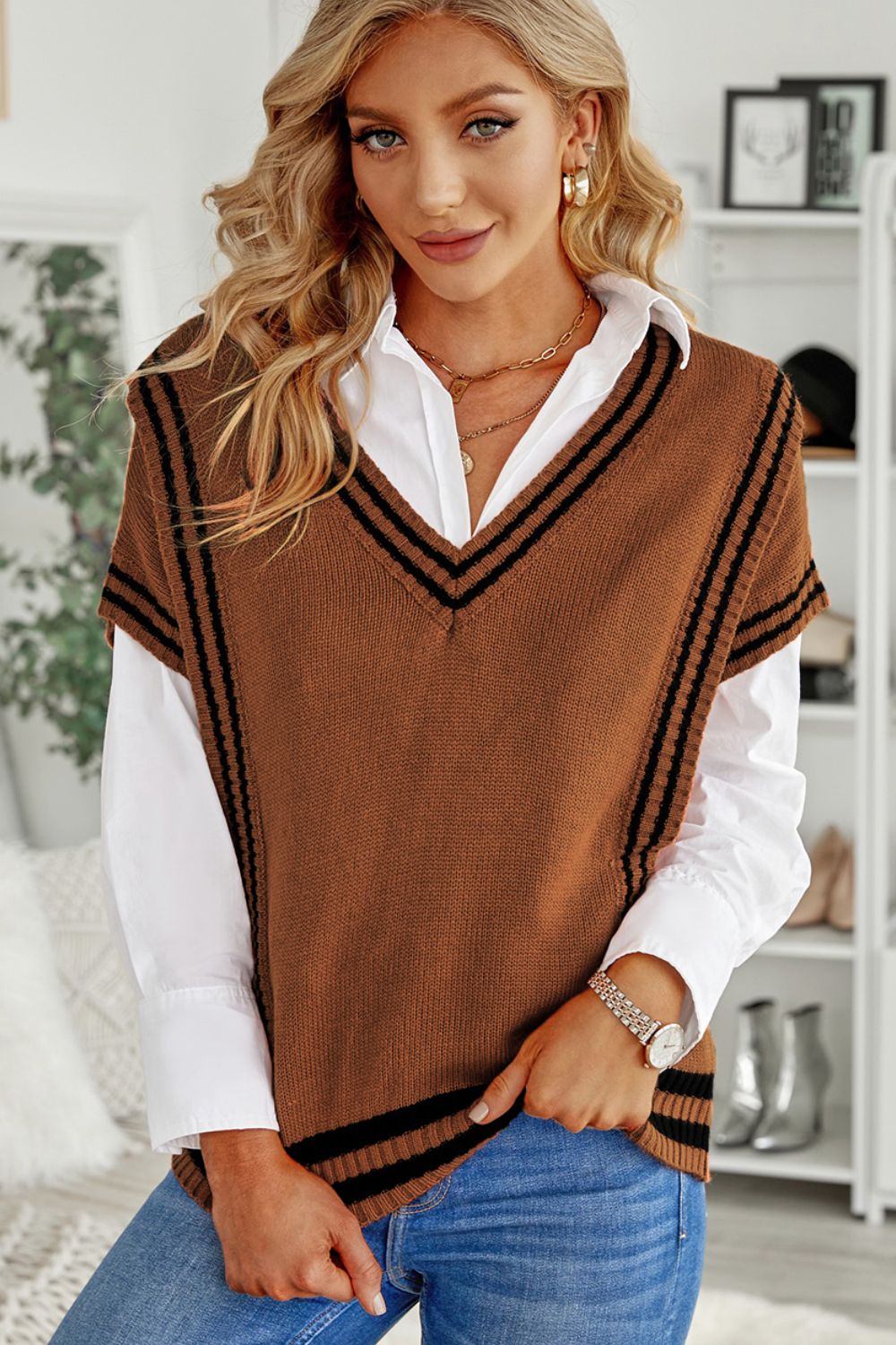 Sweater-Striped Trim V-Neck Vest-2 Colors