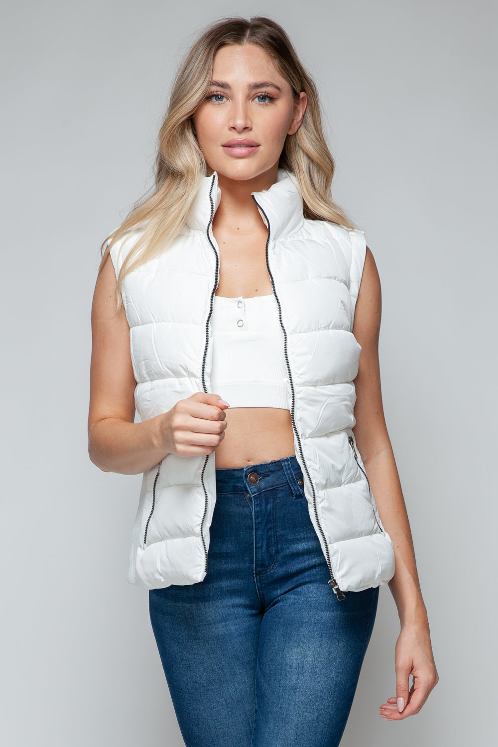 Vest-Zip Up Turtleneck with Pockets-White