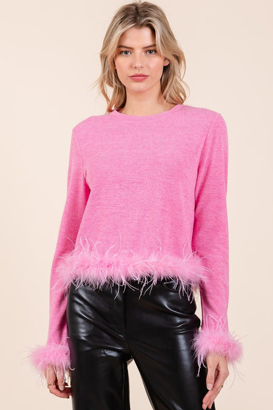 Top-Mittoshop Feather Trim Long Sleeve Crop Hacci Knit