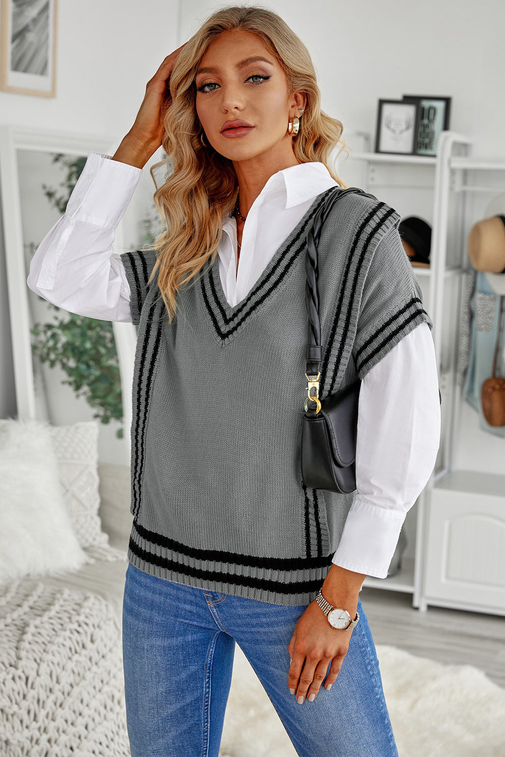 Sweater-Striped Trim V-Neck Vest-2 Colors