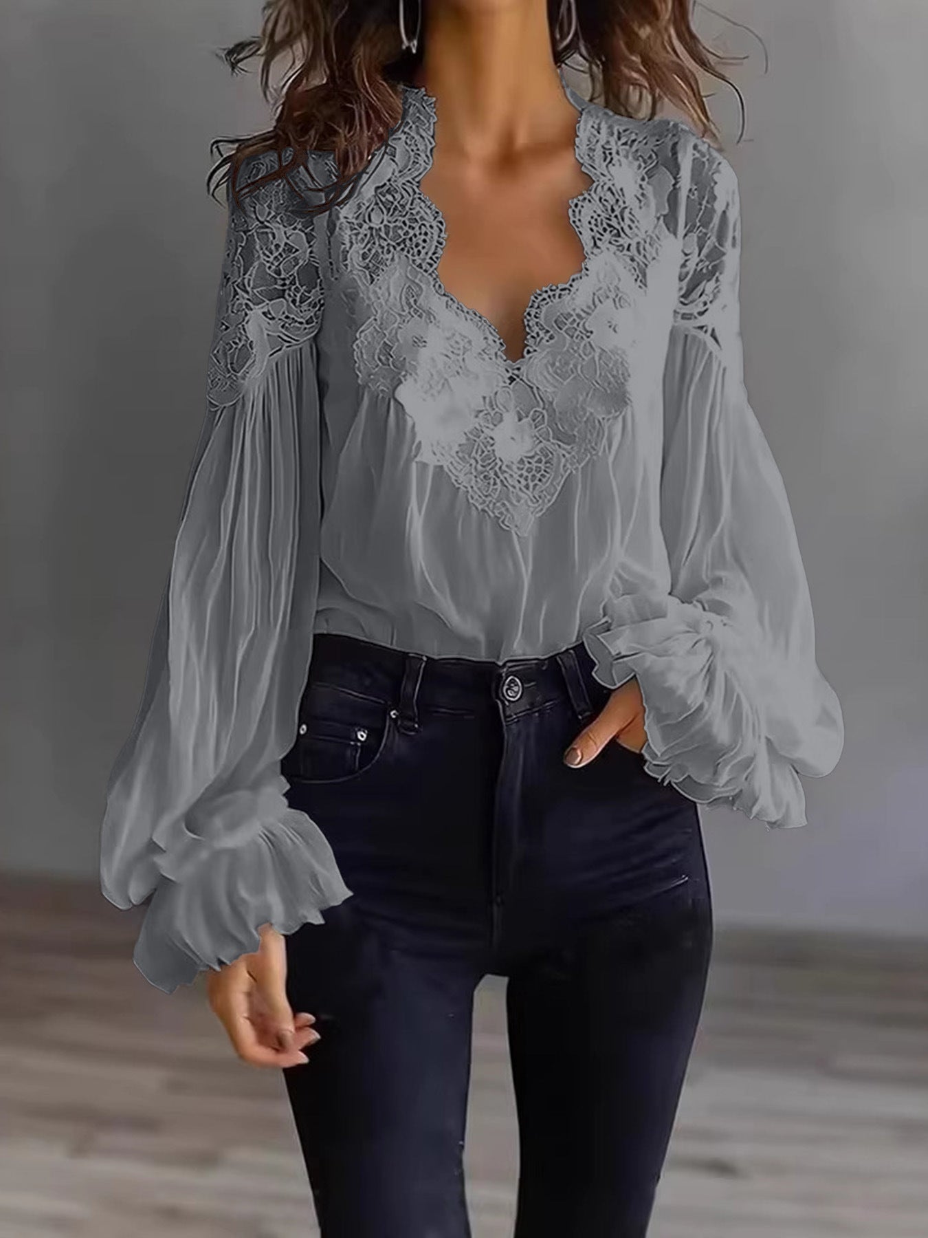 Blouse-Lace Patchwork Puff Sleeve Pleated