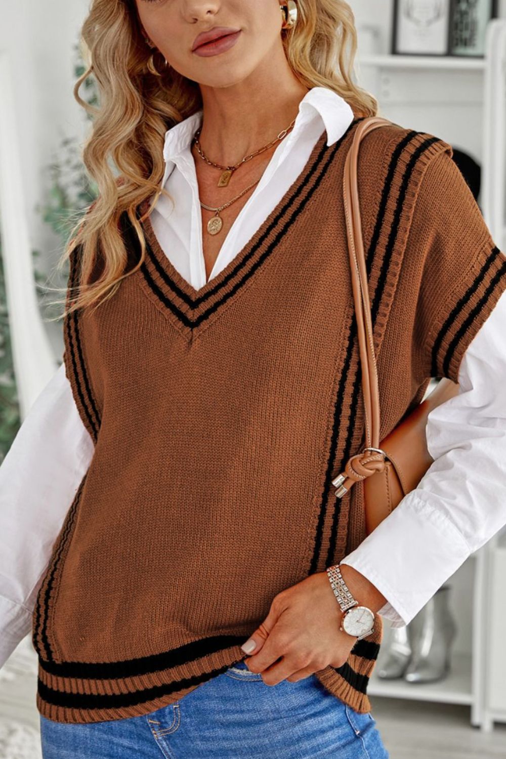 Sweater-Striped Trim V-Neck Vest-2 Colors