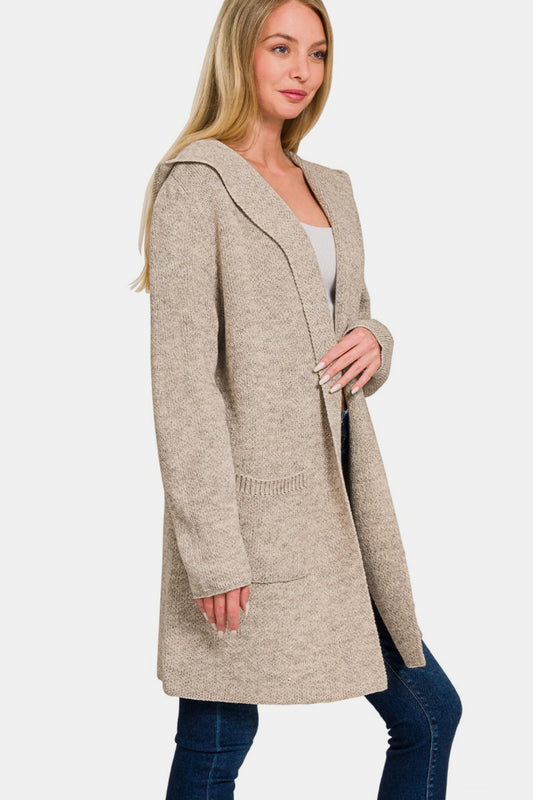 Sweater-Hooded Open Front Cardigan