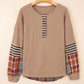 Top-Beige Waffle Stripe Plaid Patchwork Henley Knit