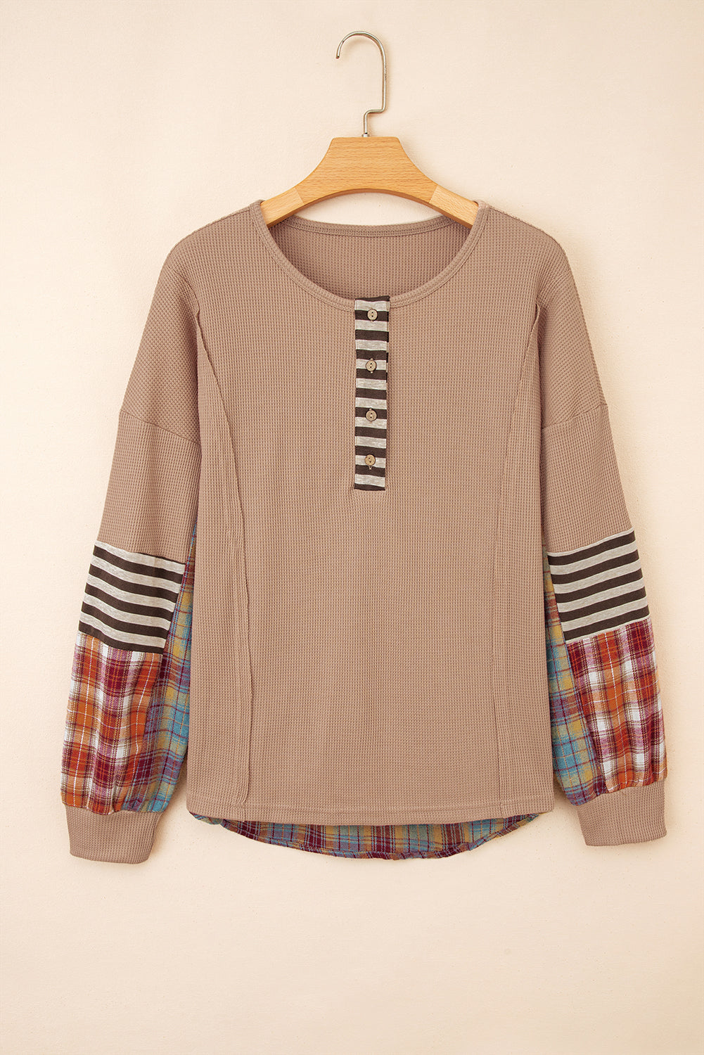 Top-Beige Waffle Stripe Plaid Patchwork Henley Knit