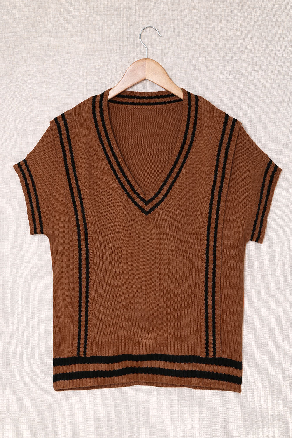 Sweater-Striped Trim V-Neck Vest-2 Colors