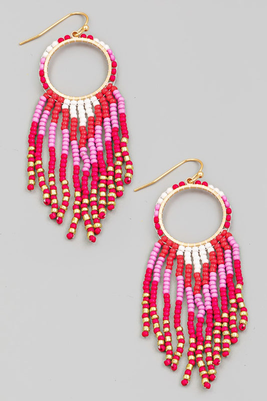 Earrings-Circle Cutout Seed Beaded Fringe