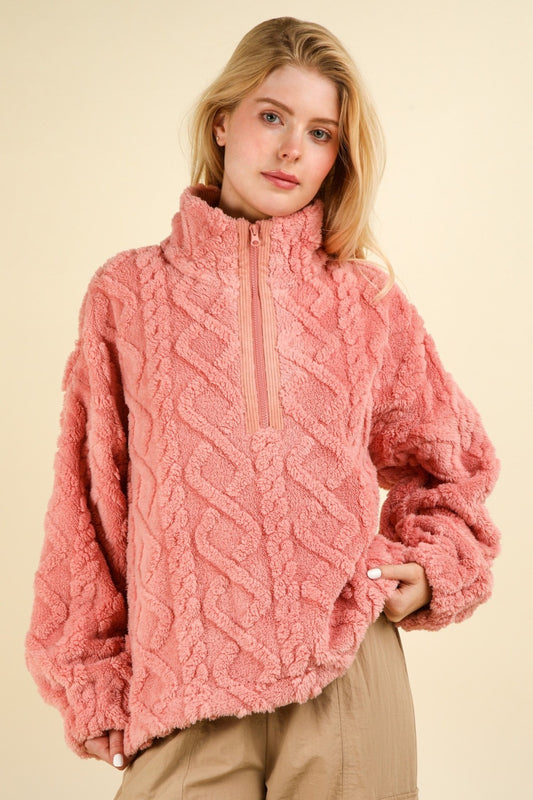 Sweater-Fuzzy Half Zip Cable Fleece-Coral