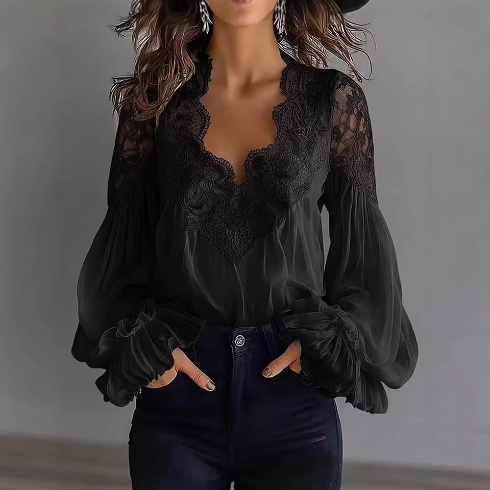 Blouse-Lace Patchwork Puff Sleeve Pleated