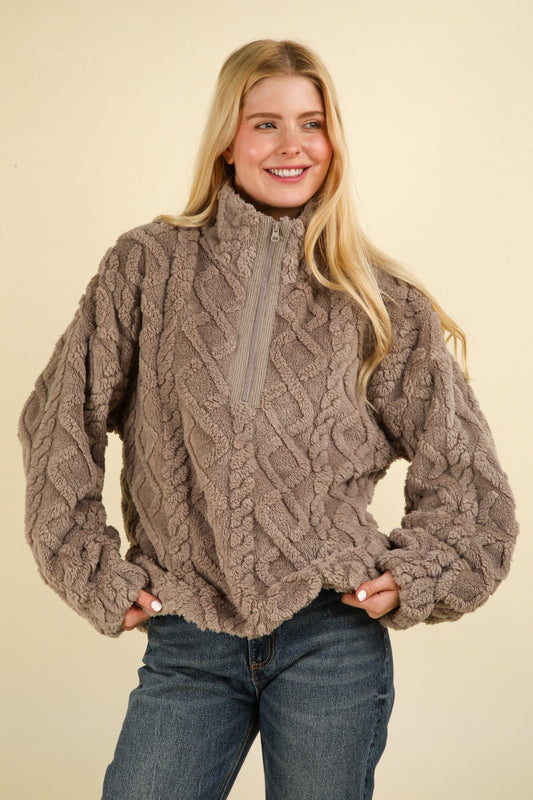 Sweater-Fuzzy Half Zip Cable Fleece-Mocha