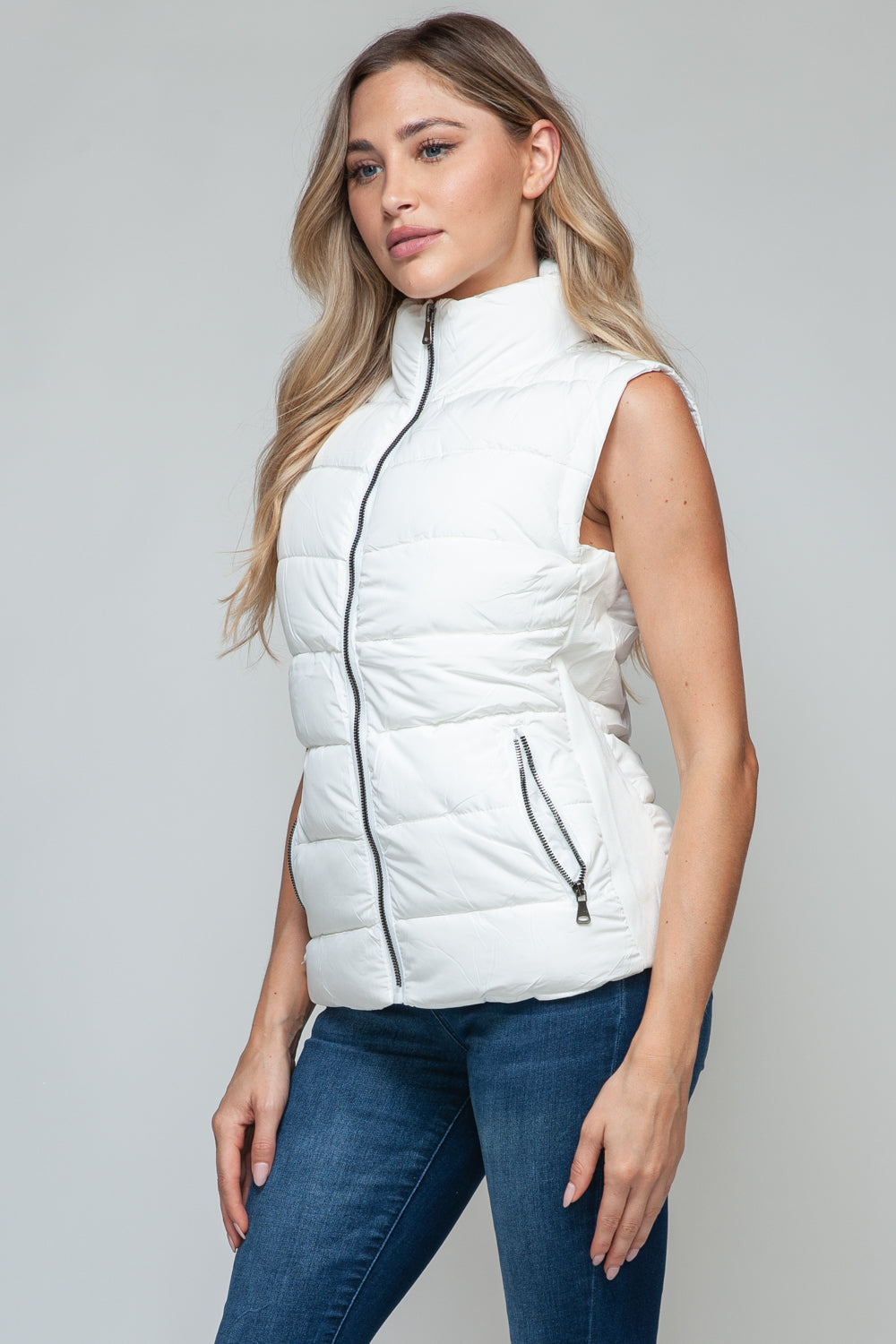 Vest-Zip Up Turtleneck with Pockets-White