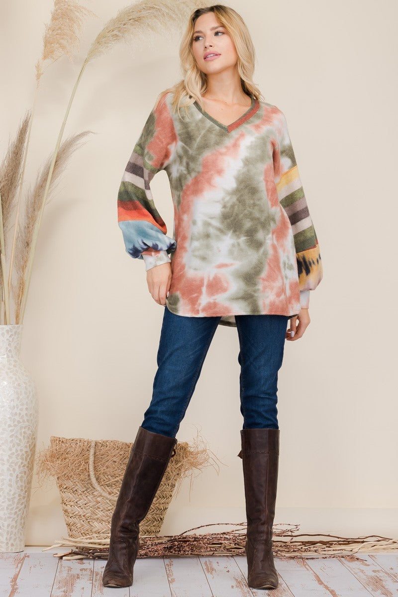 Top-Tie-Dye Striped V-Neck Long Sleeve