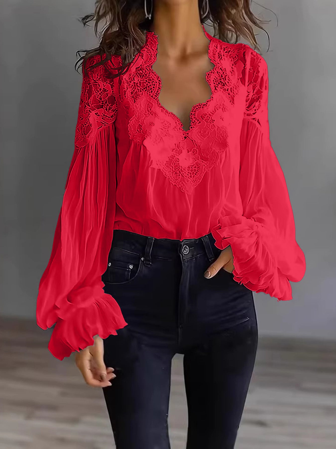 Blouse-Lace Patchwork Puff Sleeve Pleated