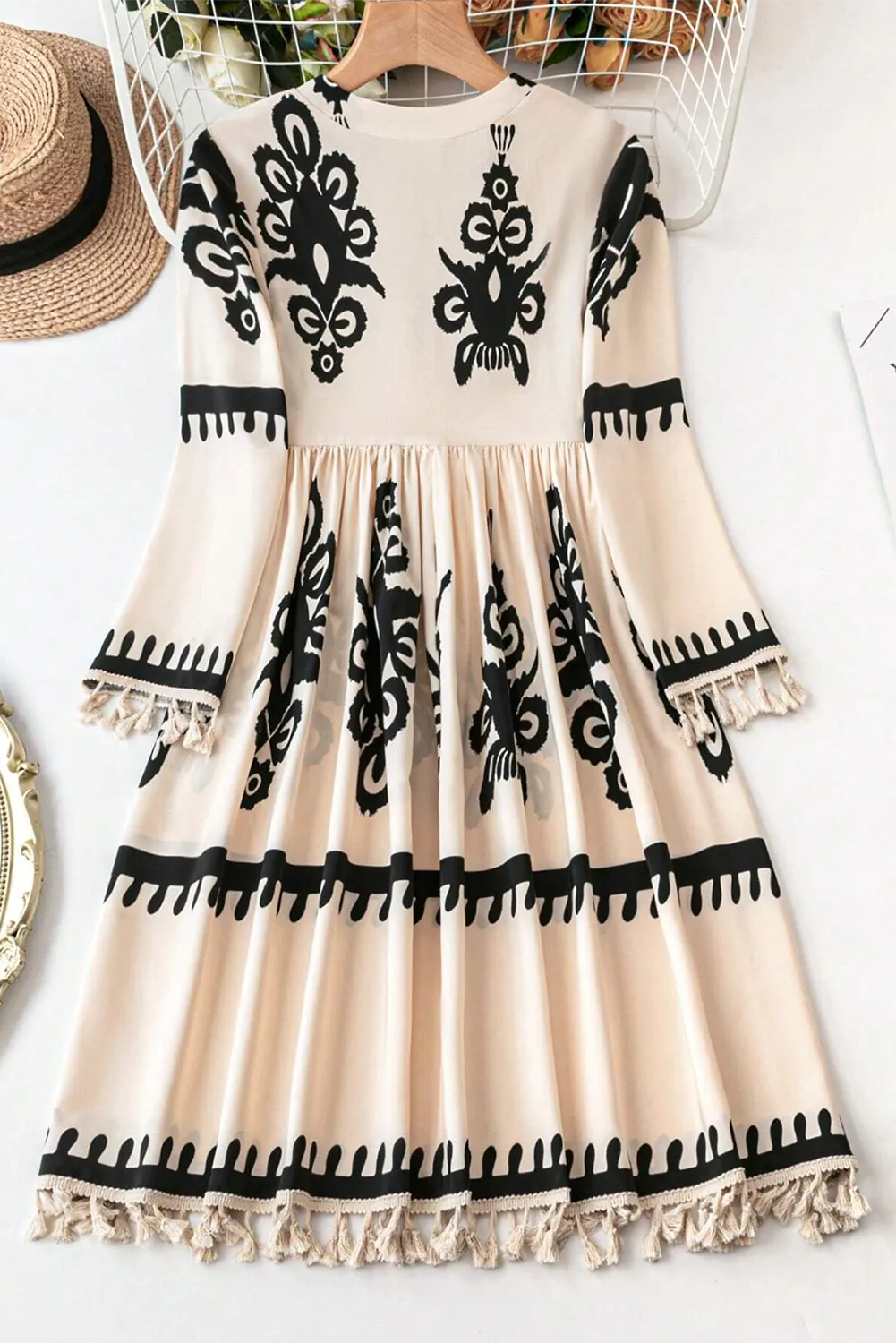 Dress-Tassel Printed Three-Quarter Sleeve Mini