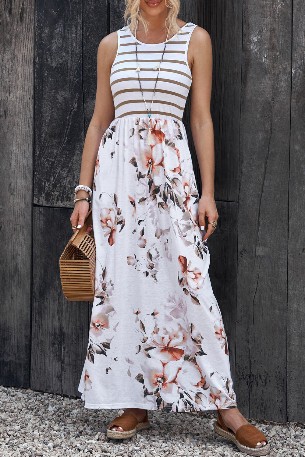 *PRESALE-Dress-Striped Floral Round Neck Sleeveless Maxi