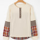 Top-Beige Waffle Stripe Plaid Patchwork Henley Knit