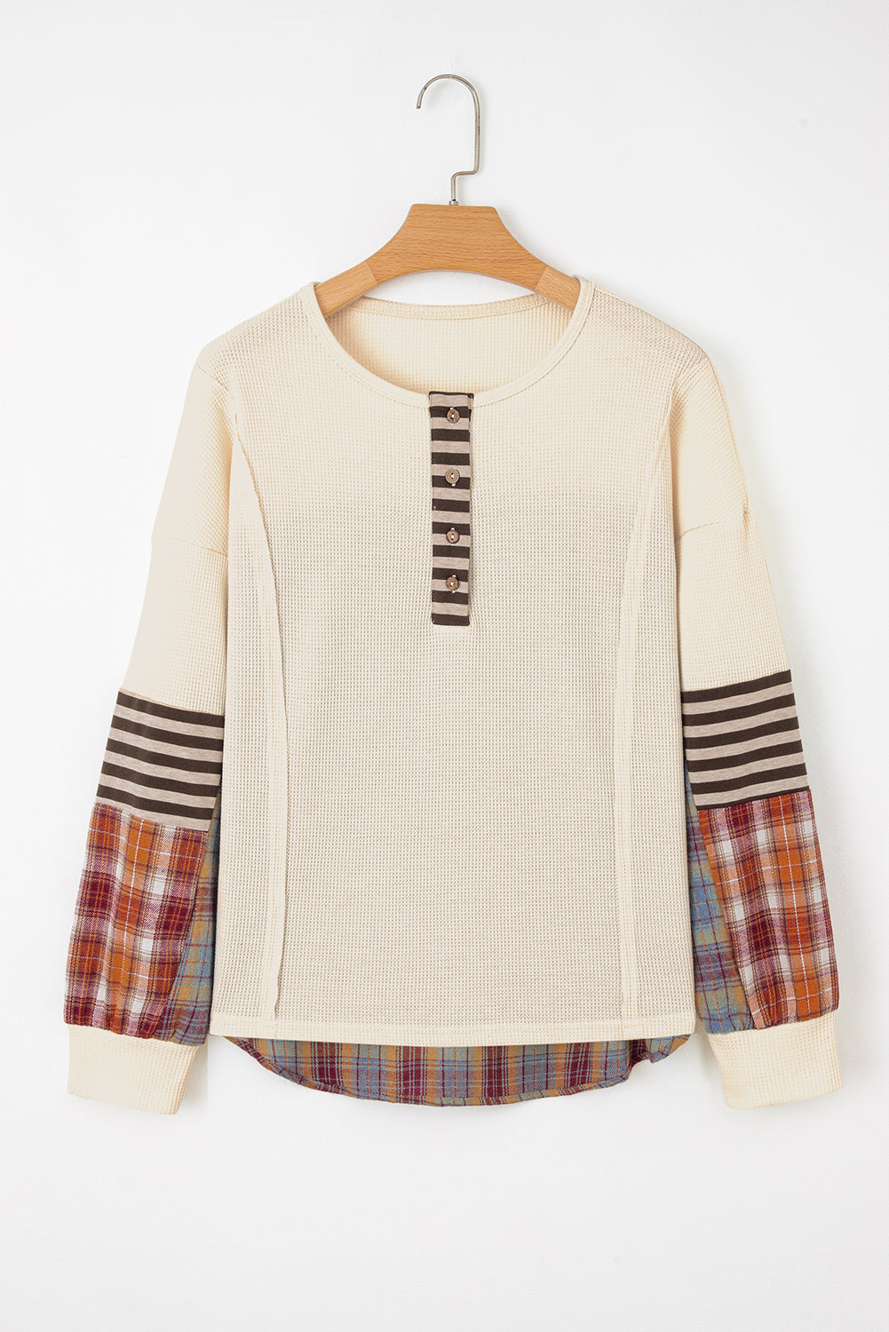 Top-Beige Waffle Stripe Plaid Patchwork Henley Knit