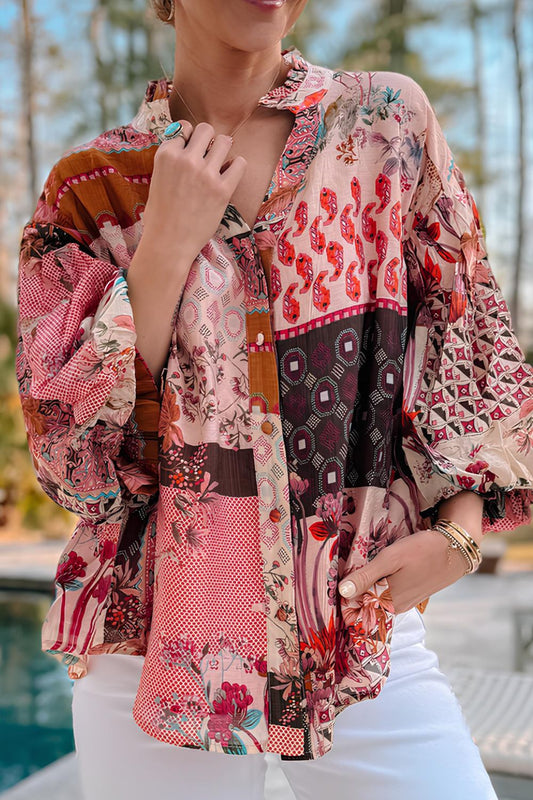 Blouse-Patchwork Printed Notched Flounce Sleeve