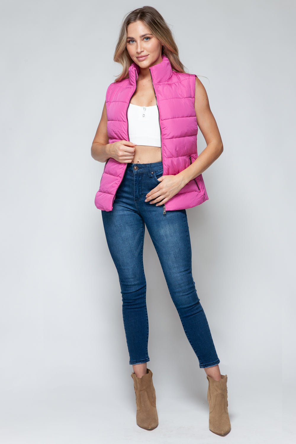 Vest-Zip Up Turtleneck with Pockets-Pink