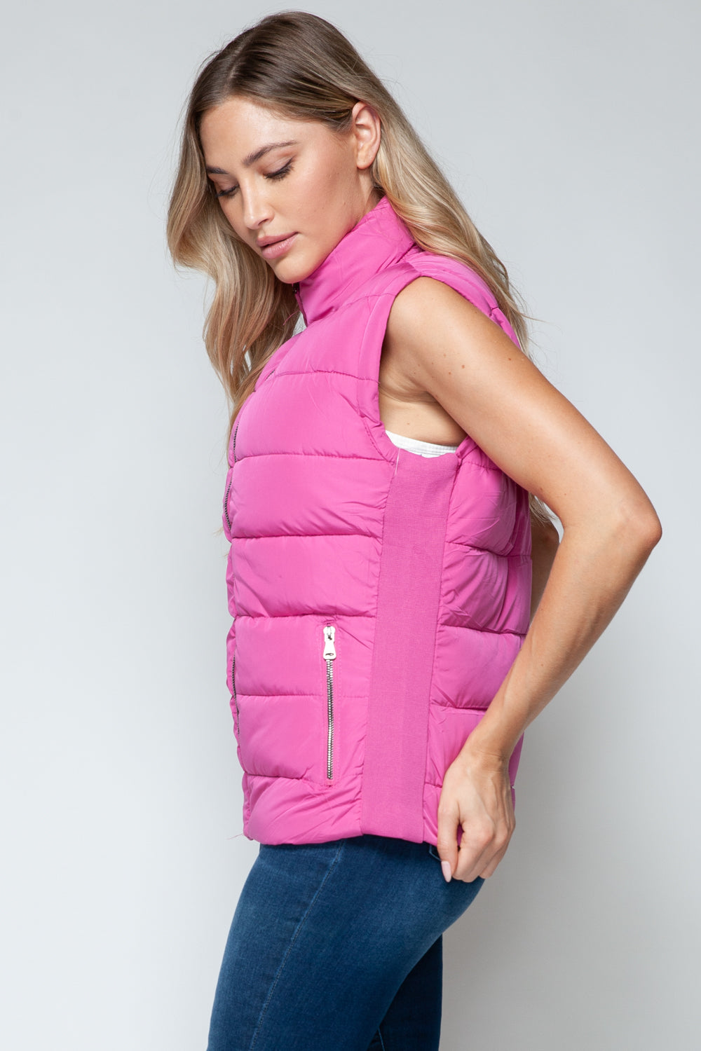 Vest-Zip Up Turtleneck with Pockets-Pink