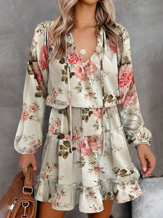 Dress-Tie Neck Long Sleeve Mini-Floral