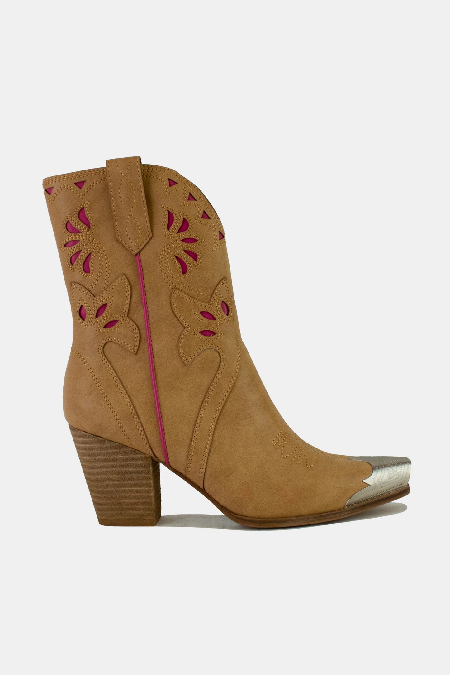 Boots-Fashion Cut-Out Floral Embroidery-Camel/Rose