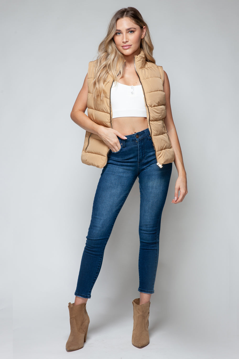 Vest-Zip Up Turtleneck with Pockets-Camel