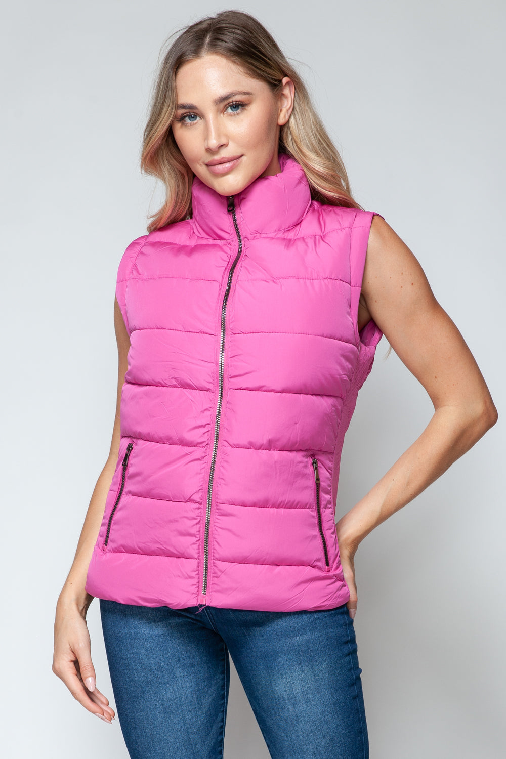 Vest-Zip Up Turtleneck with Pockets-Pink