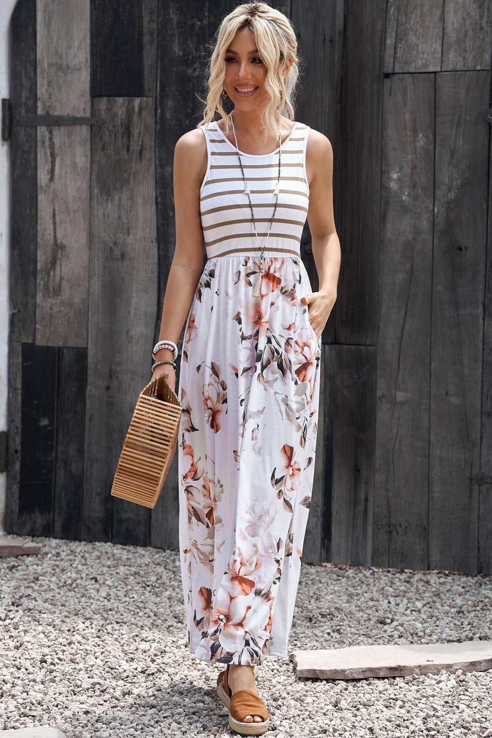 *PRESALE-Dress-Striped Floral Round Neck Sleeveless Maxi