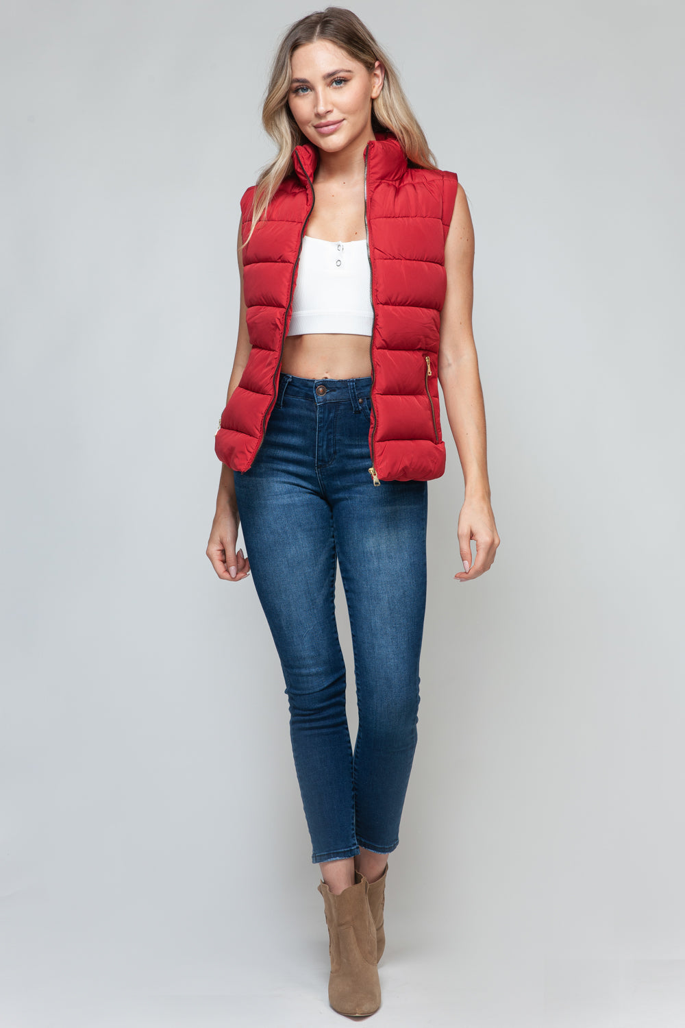 Vest-Zip Up Turtleneck with Pockets-Red