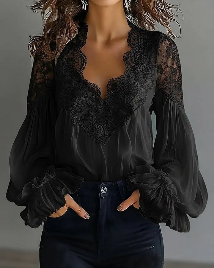 Blouse-Lace Patchwork Puff Sleeve Pleated