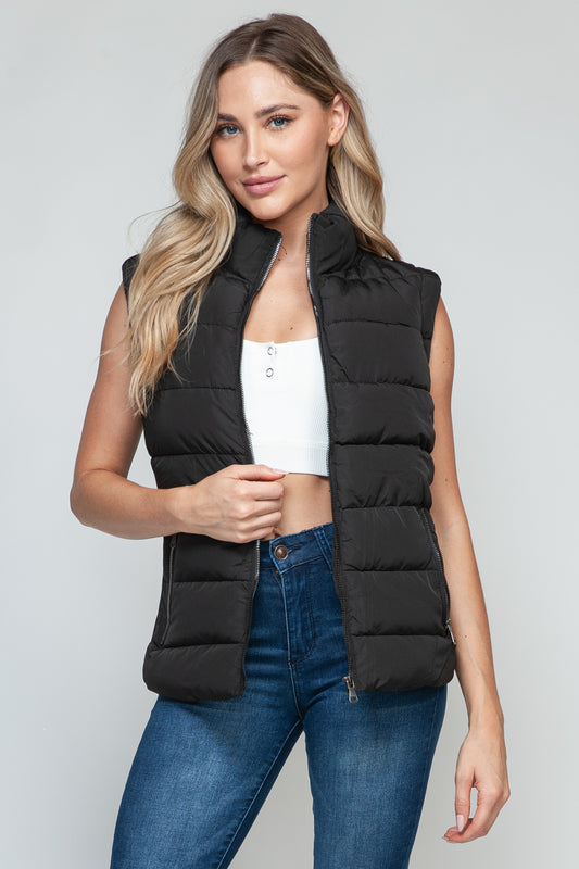 Vest-Zip Up Turtleneck with Pockets-Black