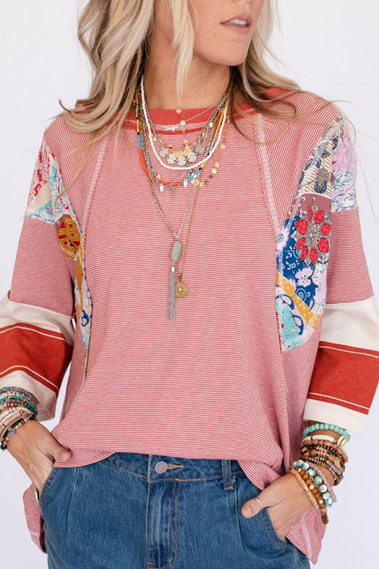 Top-Striped Floral Patchwork Round Neck