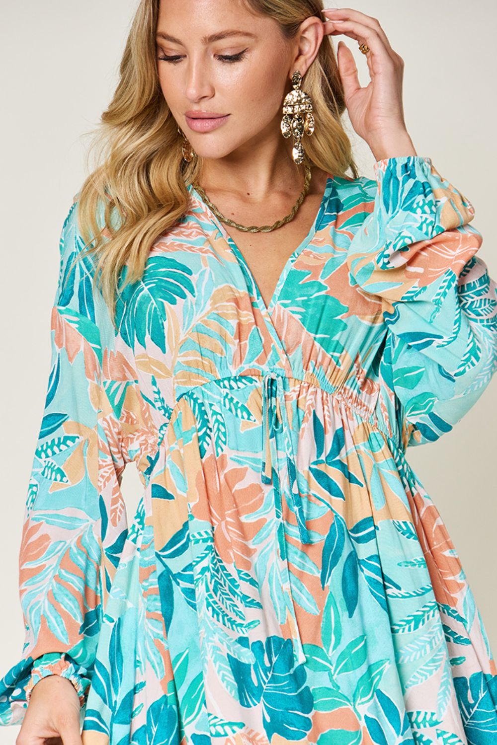 *PRESALE-Dress-Double Take Full Size Printed V-Neck Drawstring