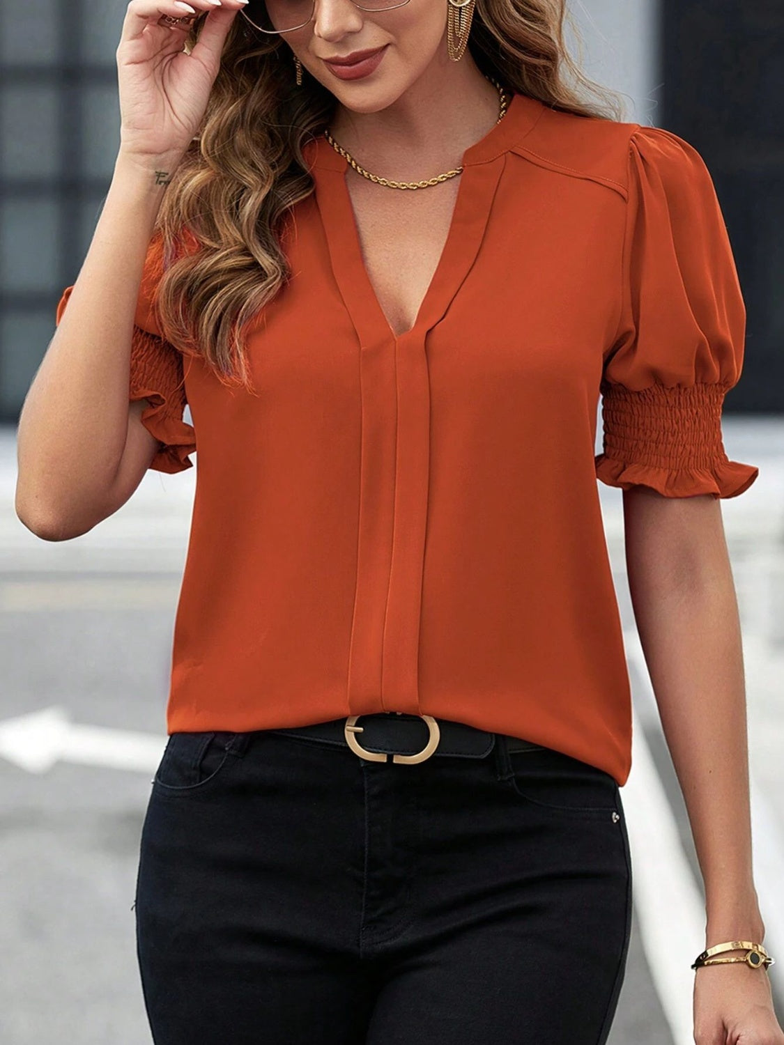 Blouse-Notched Short Sleeve-7 Colors