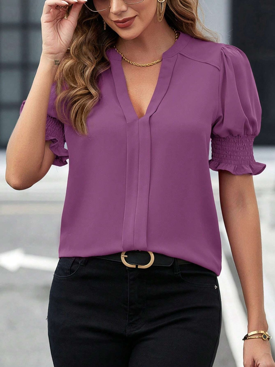 Blouse-Notched Short Sleeve-7 Colors