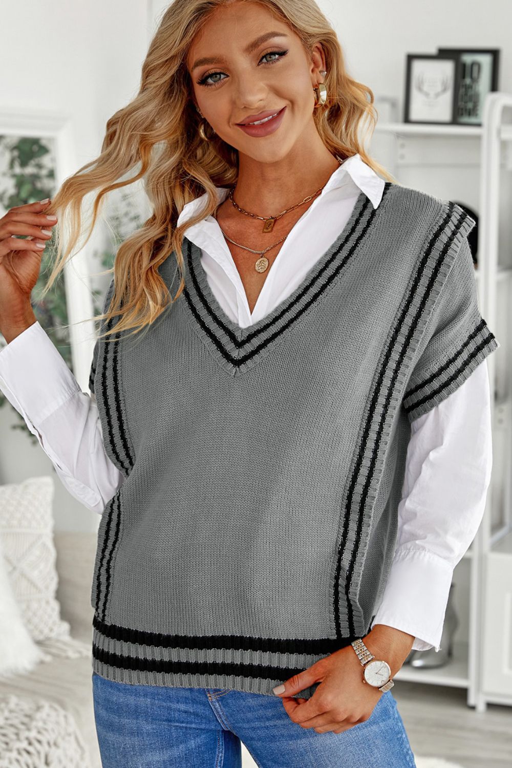 Sweater-Striped Trim V-Neck Vest-2 Colors