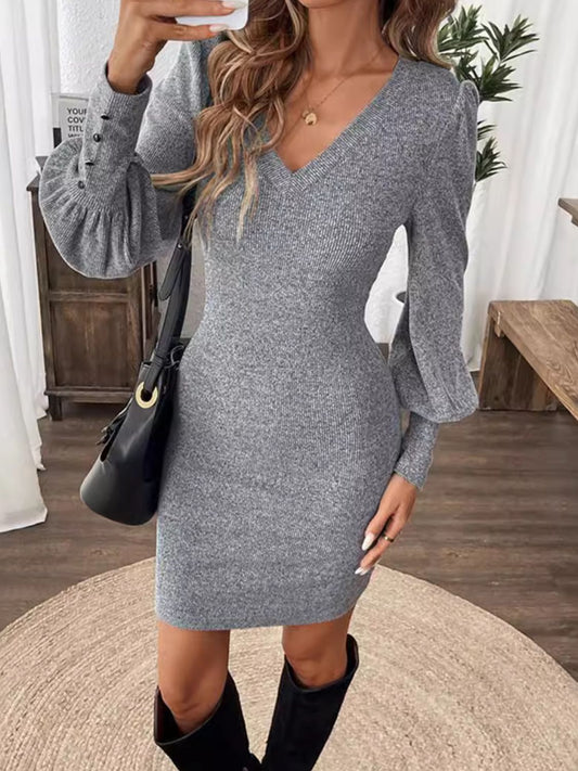 Dress-V-Neck Lantern Sleeve-Gray