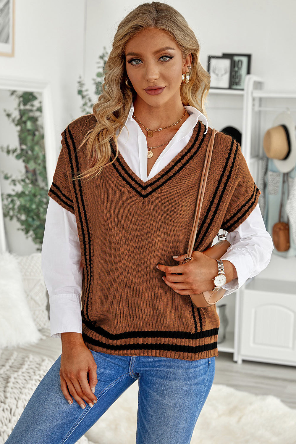 Sweater-Striped Trim V-Neck Vest-2 Colors