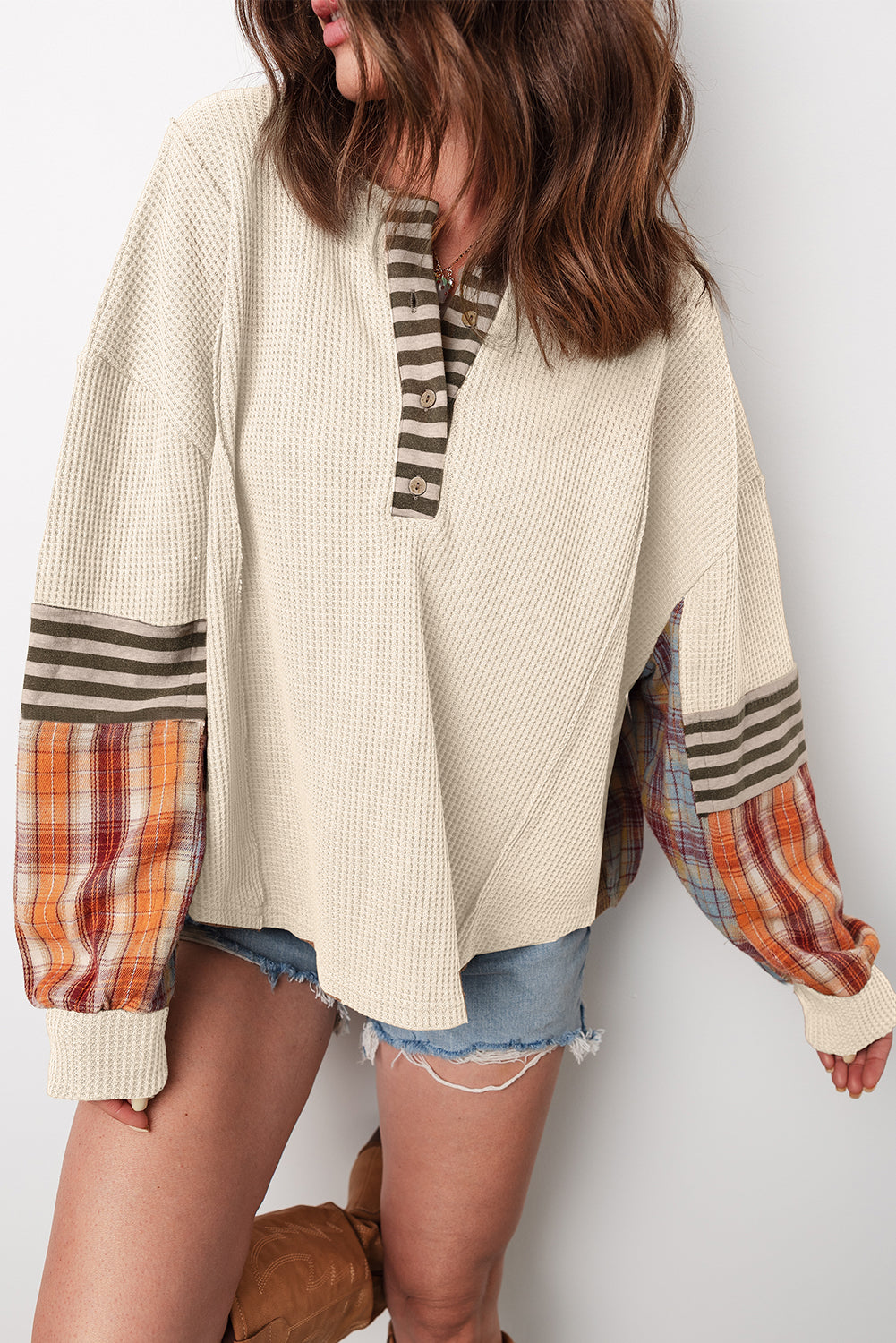 Top-Beige Waffle Stripe Plaid Patchwork Henley Knit
