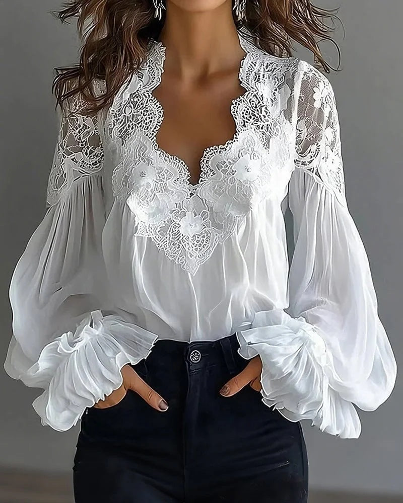 Blouse-Lace Patchwork Puff Sleeve Pleated