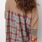 Top-Beige Waffle Stripe Plaid Patchwork Henley Knit