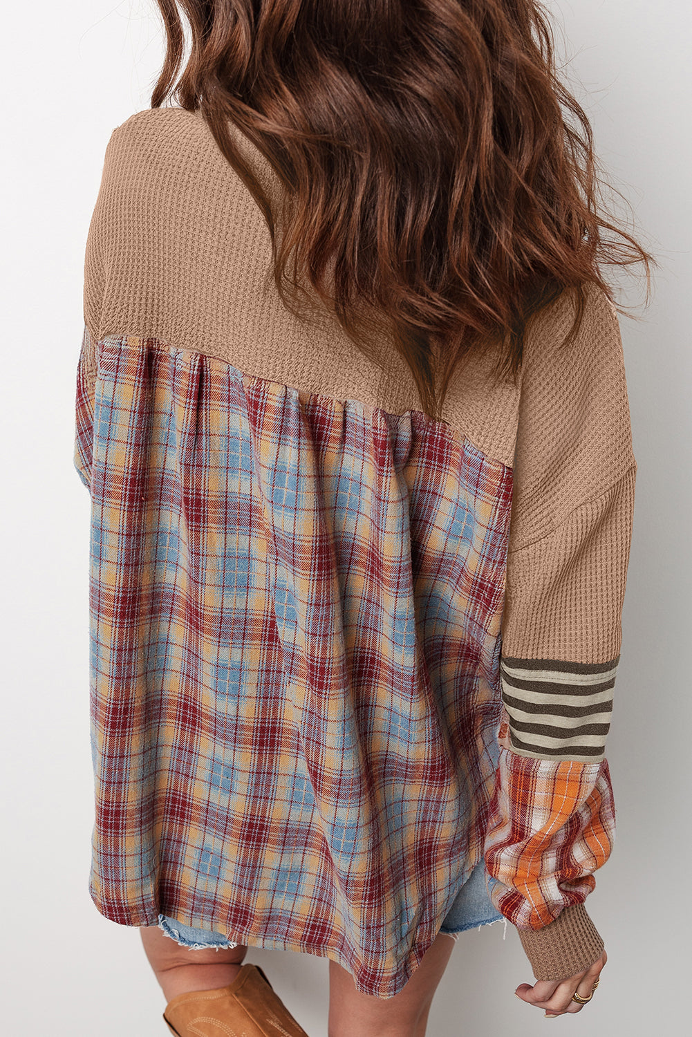 Top-Beige Waffle Stripe Plaid Patchwork Henley Knit