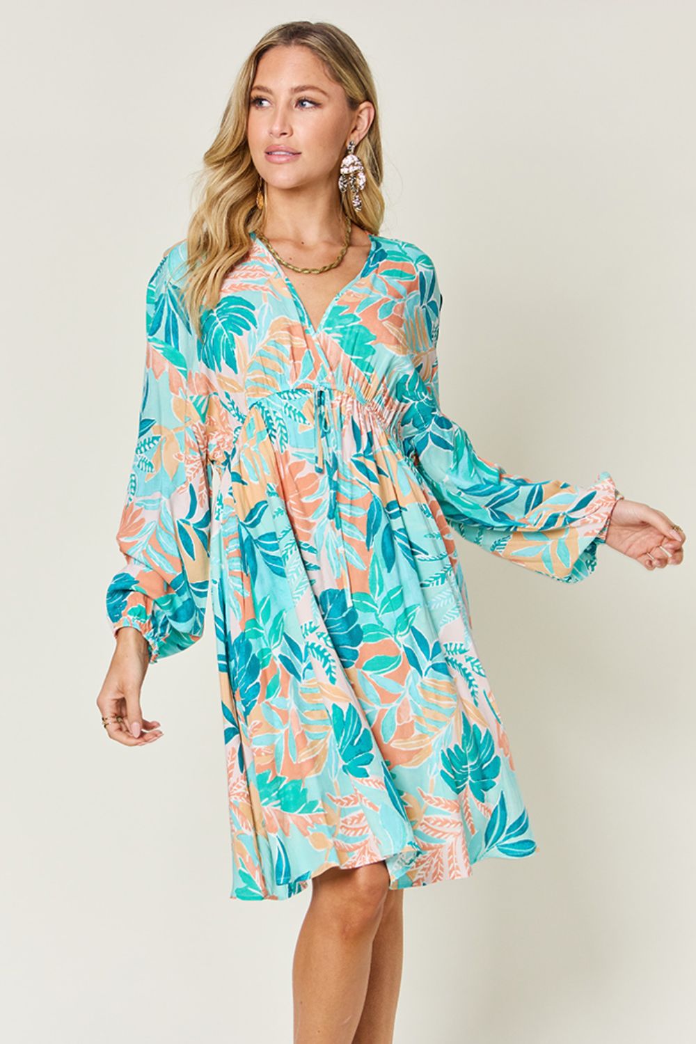 *PRESALE-Dress-Double Take Full Size Printed V-Neck Drawstring