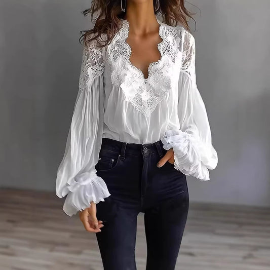 Blouse-Lace Patchwork Puff Sleeve Pleated-11 Colors-S-3XL