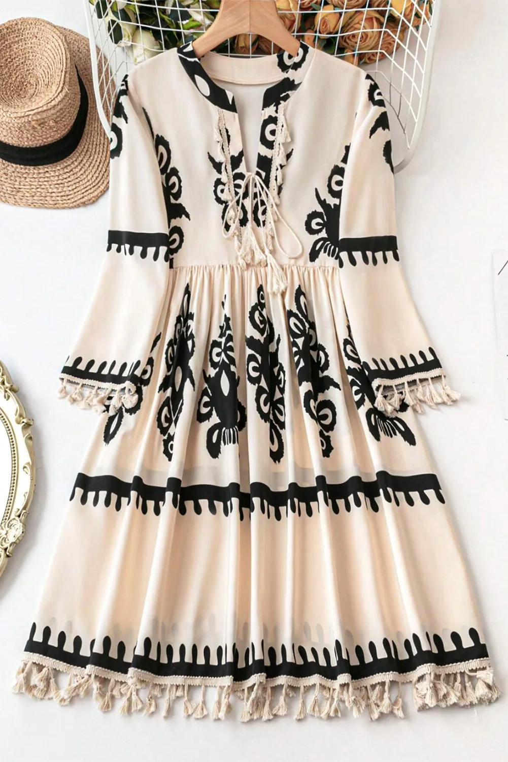 Dress-Tassel Printed Three-Quarter Sleeve Mini