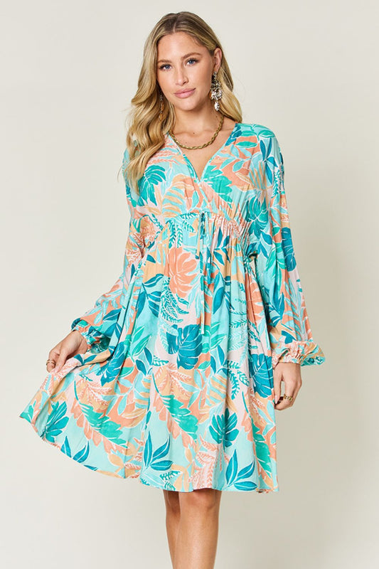 *PRESALE-Dress-Double Take Full Size Printed V-Neck Drawstring