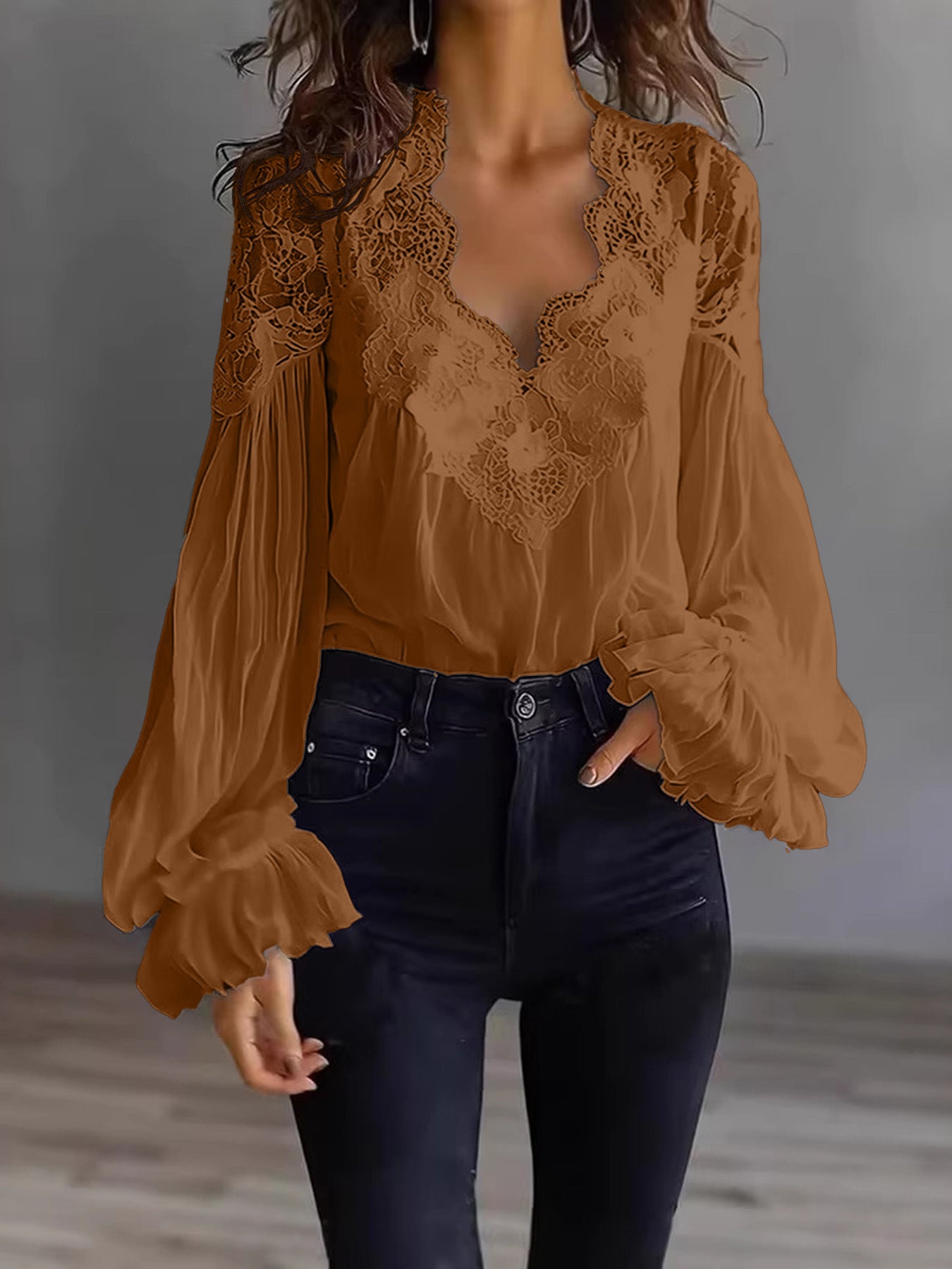 Blouse-Lace Patchwork Puff Sleeve Pleated
