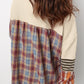 Top-Beige Waffle Stripe Plaid Patchwork Henley Knit