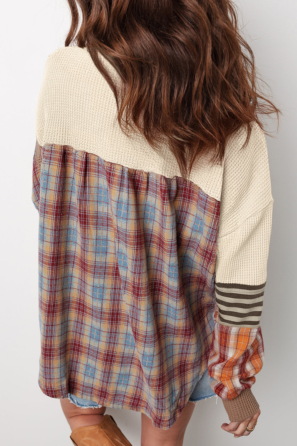 Top-Beige Waffle Stripe Plaid Patchwork Henley Knit
